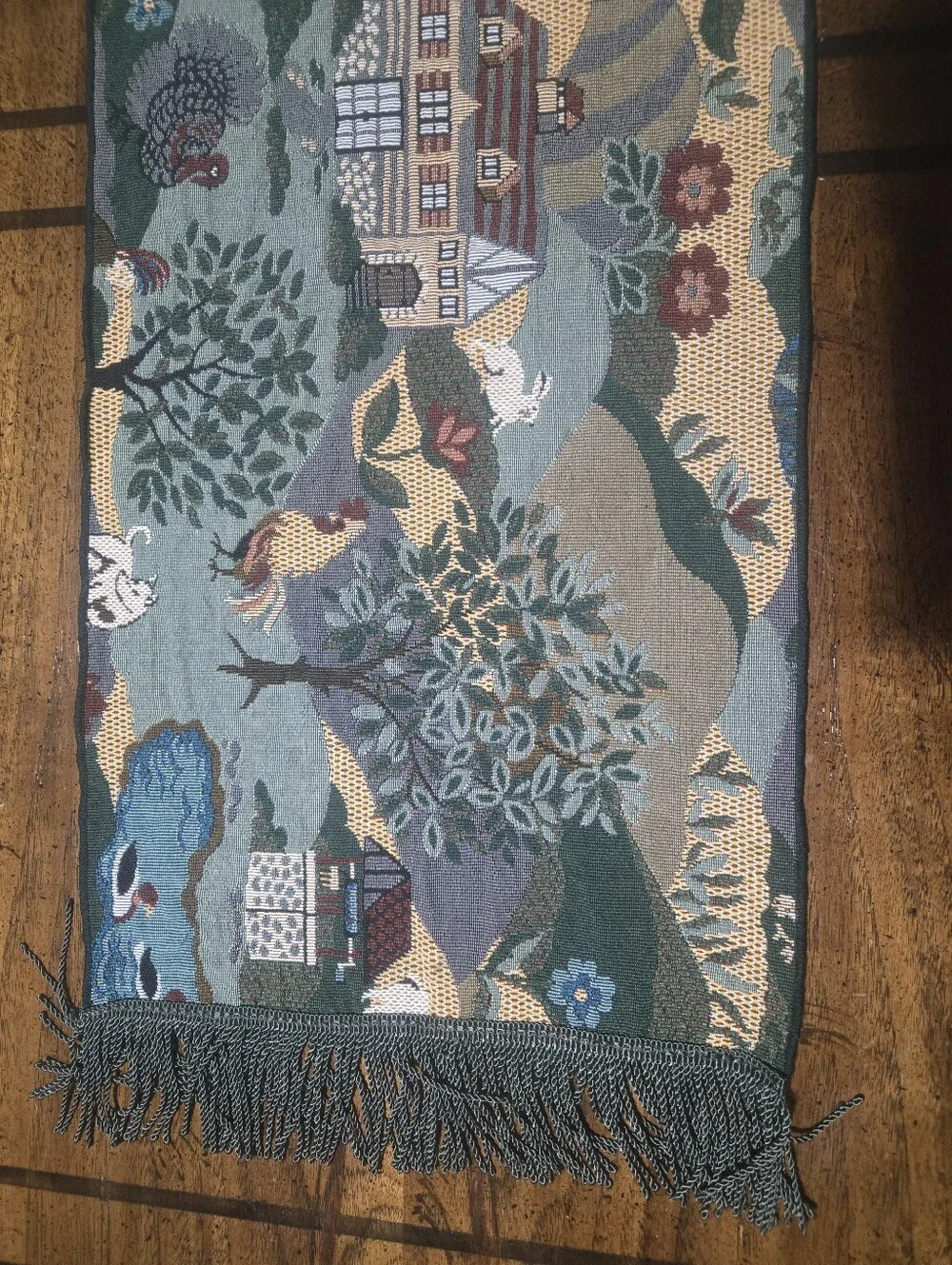 Scenic Tapestry Runner with Fringe - Village Motif. Size 33 Inches × 13 Inches